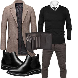 Wolle-seide Warme Outfit mit Braun/Beige/Grau Schmal Geschnittener Mantel/Gehröck/Bouclé Mantel/Wollmantel/Blazermantel/Wintermantel Wollmantel/Tweed Mantel KUDORO "Elegantes Herbst Outfit"
