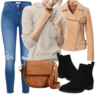 Skromné Outfit s Černá Dámská Ponožková Bota/Chelsea Boty/Plochá Kotníková Bota/Gumová Kotníková Bota/Kožená bunda/Letní kotníková kozačka About You "Podzimní Outfit"Look: Cool, Duckfeet, Elegantní, Krásný, Old Money, Bezešvé, Skromné