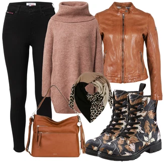 S páskem Outfit s Černá Kožená bunda/High Waist Džínové Kalhoty/Kožené Boty/Termální Džíny/Zimní bunda/Push up Džín Tommy Jeans "Podzimní Outfit"