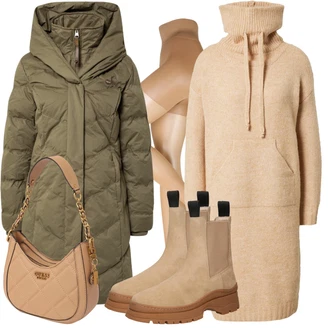 Outfit s Béžová Pletené Šaty/Šaty s výstřihem/Šaty s dlouhým rukávem MOLLY BRACKEN "Podzimní Outfit"