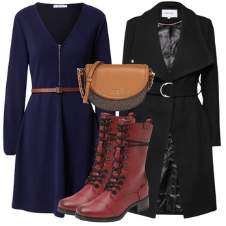 Outfit s Modrá/Tmavě modrá Šaty na Podzim/Svetrové Šaty/Zimní Pletené Šaty/Zimní šaty s dlouhým rukávem/Šaty s Páskem About You "Podzimní Outfit"