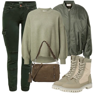 Outfit s Khaki/Tmavě zelená Cargo Kalhoty/Manšestrový legíny/Manšestrové Kalhoty/Jeggings/Skinny Kalhoty/Tregíny/Zimní Kalhoty Only "Podzimní Outfit"