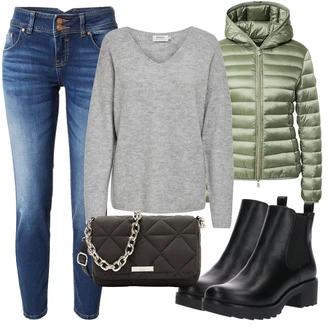 Nadrozměrné Krátká Outfit s Černá Chelsea Boty/Kožená bunda/Gumová Kotníková Bota/Plochá Kotníková Bota About You "Podzimní Outfit"Look: Šik, Elegantní, Cool, Nadrozměrné, Techno, Unisex, S Mokrým Vzhledem