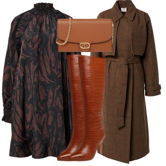 Vysoké Podpatky Outfit s Hnědá/Červená/Oranžová Bota Kozačka Na Podpatku/Špičatá Kozačka/Dlouhá Kozačka/Kozačka po Kolena About You "Podzimní Outfit"