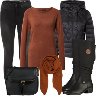 Outfity na svátky Léto s Černá/Tmavě šedá/Světle šedá Kožená bunda/Kožené Boty/Motorkářské Džíny/Push up Džín/Zimní bunda/Kožená Pánská Bund/Termální Džíny Noisy may, Černá/Hnědá Taška/Klasická Taška Přes Rameno/Brašna/Sportovní Taška Přes Rameno About You "Podzimní Outfit"