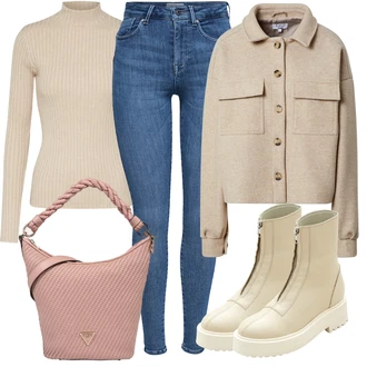 Široký pas Outfit s Béžová/Khaki Teniska Tenisky s Bočním Zipem/Kožená bunda/Kozačka se zipem/Plochá Kotníková Bota Edited "Podzimní Outfit"