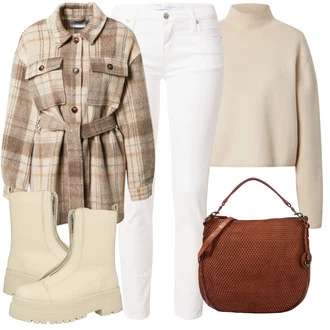 S řetízkem Outfit s Khaki/Béžová Kozačka se zipem/Teniska na platformě/Plochá Kotníková Bota/Tenisky s Bočním Zipem About You "Podzimní Outfit"