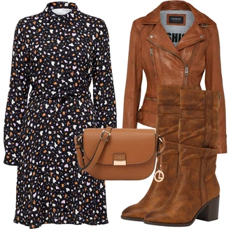 Zapínání na knoflíky Outfit s Černá/Fialová/Hnědá/Tmavě modrá/Vícebarevný Košilové šaty/Halenkové Šaty/Šaty s puntíky/Šaty na Podzim/Šaty S Potiskem/Pouzdrové Šaty S Dlouhým Rukávem/Šaty Niki/Zimní šaty s dlouhým rukávem SELECTED FEMME "Podzimní Outfit"