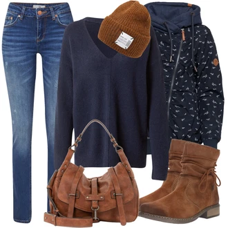 Outfit s Modrá/Tmavě modrá/Světle modrá/Šedá/Oranžová Podzimní bunda/Bunda s Kapucí/Jacquard Bund/Otočná Bunda/Plachtařská bunda/Udržitelná bunda/Tradiční pletená bunda/Větrovka Alife and Kickin "Podzimní Outfit"