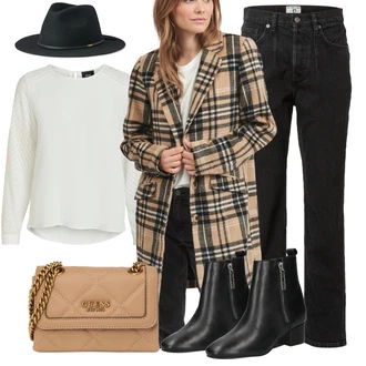 Móda pro plnoštíhlé Outfit s Krémová/Bílá Halenkový Top/Halenka s Dlouhým Rukávem/Slip-on Halenka/Halenka se Stojatým Límcem/Kožená bunda pro muže/Crash blůza/Dětská hračka/Sportovní Halenka/Mušelínová Halenka/Blůza s nášivkou na lokti Object "Podzimní Outfit"