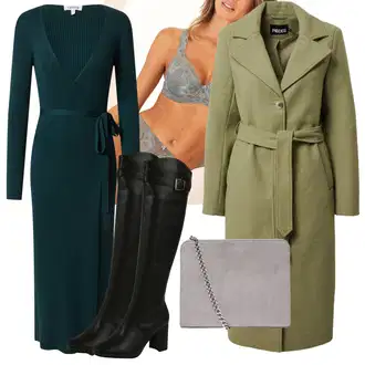 Outfit s Šedá/Tmavě zelená Pánské boty ve velikosti 11/Průsvitná podprsenka a podprsenka s kosticí/Měkká podprsenka/Podprsenka s kosticemi/Podprsenka Balconette/Zmenšující Podprsenek/Krajková podprsenka/Bralette/Podprsenka Bez Kostic Lascana "Podzimní Outfit"
