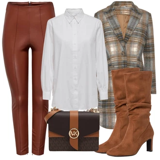 Outfit s Hnědá/Oranžová/Béžová Kožená Kalhoty/Latexové legíny/Legíny Kožený Vzhled/Vinylový Legín/Kalhoty z Umělé Kůže/Legíny s Rozparkem/Kožený legíny Only "Podzimní Outfit"