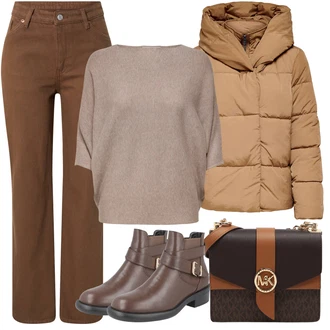 Outfit s Hnědá/Khaki/Tmavě hnědá/Béžová Mom Jean/Rovná Džína/Džíny Regular Fit/High Waist Džínové Kalhoty/Pánské tričko/Formální Košile/Zimní bunda/Termální Džíny/Dámské Džíny s Délkou 7/8/Vintage džíny/Džíny s Rozparkem/Zkrácené Džíny monki "Podzimní Outfit"