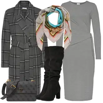 Outfit s Šedá/Tmavě zelená/Tmavě šedá Přechodový Kabát/Kašmírový Kabát/Kabát Bouclé/Midi Kabát/Zimní Kabát Vlněný kabát/Tweedový Kabát/Frock Kabát/Vlněný Kabát Lascana "Podzimní Outfit"