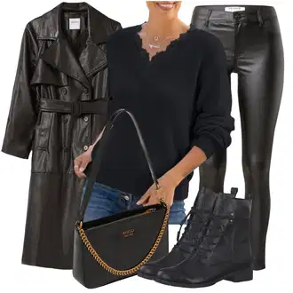 Outfit s Černá/Šedá/Hnědá/Tmavě šedá/Tmavě zelená/Tmavě hnědá Trenčkot/Midi Kabát/Dlouhý Kabát/Dlouhý kabát/Kožený Kabát/Umělá Kůže Kabát bershka "Podzimní Outfit"