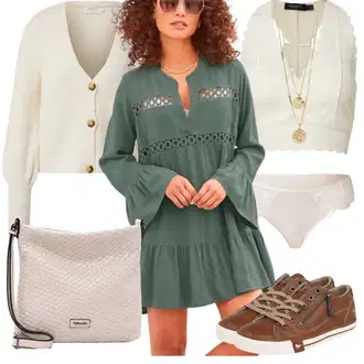Folklor Outfit s Tmavě zelená/Zelená/Tyrkysový/Světle zelená Halenkové Šaty/Tunikové šaty/Šaty S Kosticí Lascana "Podzimní Outfit"