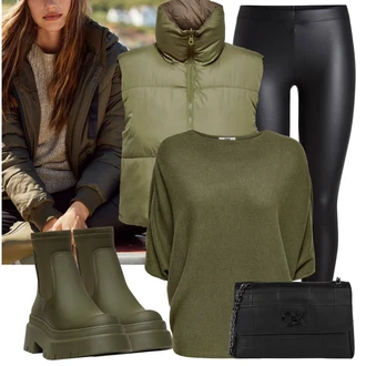 Outfit s Tmavě zelená Chelsea Boty/Gumová Kotníková Bota/Bota na Platformě/Klasická kozačka/Bota na platformě/Kožená bunda Pull&Bear "Podzimní Outfit"