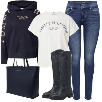 Outfit s Tmavě modrá/Černá/Modrá Kozačka po Kolena/Dlouhá Kozačka/Jezdecká Bota/Bota se širokým nohavici Tommy Hilfiger "Podzimní Outfit"
