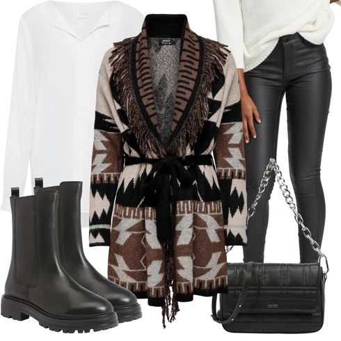 Kombinace Šedá/Hnědá/Béžová/Bílá/Krémová/Khaki Halenkové Body/Blůza s knoflíčkem/Halenka se Stojatým Límcem/Dlouhá Halenka/Halenka s Dlouhým Rukávem/Oversize Halenka/Oversize Muselínová Blůza/Slip-on Halenka/Tunikové Tričko Vila kombinovat s Černá/Bílá Kožená bunda/Termální Džíny/Motorkářské Džíny Vila