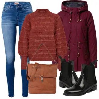 Outfit s Tmavě červená/Vínová/Fialová/Červená Podzimní bunda/Bunda s Kapucí/Outdoorové Bundy/Parka Přechodová Bund/Snowboardová Bund/Trekingová bunda/Zimní Bund/Zimní Parka Ragwear "Podzimní Outfit"