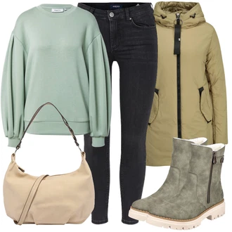 Outfit s Černá/Tmavě šedá/Zelená/Šedá/Tmavě zelená Zimní bunda/Plisované Džíny/Termální Džíny/Džíny Regular Fit/Mom Jean/Pánské tričko/Sweat Džíny/Kožená Pánská Bund/Formální Košile/Zužující se Džíny/Džíny s Rozparkem Pieces "Podzimní Outfit"