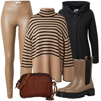Outfit s Hnědá/Šedá/Khaki/Béžová Neprůhledný Legíny/Formovaná Legína/Kožený legíny/Legíny s Rozparkem/Strečová Kalhoty/Legíny s Vysokým Pasem/Skinny Kalhoty/Jeggings/Tregíny/Legíny Kožený Vzhled/Push up Kalhoty Object "Podzimní Outfit"