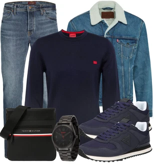 Outfit mit Dunkelblau/Rot Feinstrickpullover/Basic Pullover/Einfacher Pullover/Nicki Pullover/Thermo Pullover/Polo-Pullover/Kaschmir Pullover/Carmenpullover/Rundhals Pullover/Wollpullover/Rundhals-Strickjacke/Stehkragen-Strickjacke/Kaschmir-Strickjacke/Baumwoll Strickjacke/Strickjacke Gefüttert/Wolle Strickjacke Hugo "Freizeit Outfit"