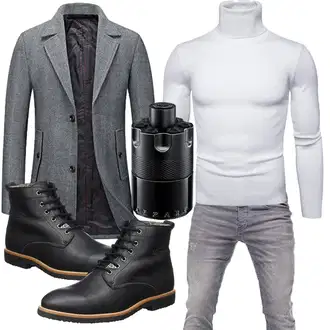 Outfit mit Grau/Dunkelgrau/Dunkelblau Gehröck/Schmal Geschnittener Mantel/Wollmantel/Tweed Mantel/Wintermantel Wollmantel/Blazermantel KUDORO "Freizeit Outfit"