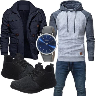 Outfit mit Grau/Dunkelblau/Blau Kapuzenpullover/Kapuzenpullover/Sport Sweatshirt/Ausgefallener Hoodie/Sport Hoodie/Strick Hoodie YuKaiChen "Freizeit Outfit"