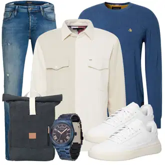 Outfit mit Blau/HellBlau Jeans mit Loch/Jeans mit Schlitz/Slim Fit Jeans/Lederjacke/Low Rise Jean/Herren Lederjacke/Leder Schuhe/Winterjacke/Biker Jeans Jack & Jones "Freizeit Outfit"