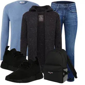 Outfit mit Grau/Hellblau/Blau Basic Pullover/Feinstrickpullover/Kaschmir Pullover/Einfacher Pullover/Wollpullover DAN FOX APPAREL "Freizeit Outfit"