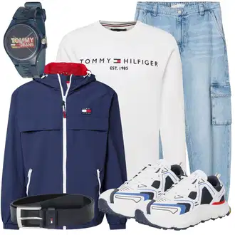 Outfit mit Hellblau/Blau Baggy Jeans/Cargojeans/Baggy Hose/Boyfriend Hose/Cargohose/Cargo-Jogginghose/Carpenter Hose/Latzhose/Löcherne Hose/Paperbag Hose bershka "Freizeit Outfit"