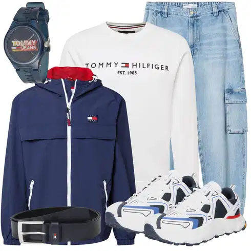 Grau/Weiß/Creme Große Größe Sweatmode/Damen Pullover/Sport Sweatshirt Tommy Hilfiger kombinieren mit Hellblau/Blau Baggy Jeans/Cargojeans/Baggy Hose/Boyfriend Hose/Cargohose/Cargo-Jogginghose/Carpenter Hose/Latzhose/Löcherne Hose/Paperbag Hose bershka
