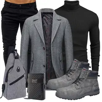 Outfit mit Grau/Dunkelgrau/Dunkelblau Gehröck/Schmal Geschnittener Mantel/Wollmantel/Tweed Mantel/Wintermantel Wollmantel/Blazermantel KUDORO "Freizeit Outfit"