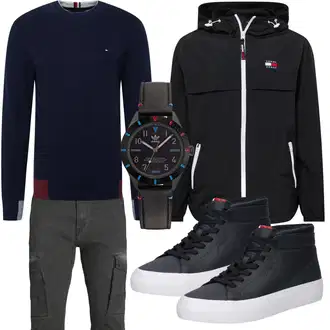 Coole Outfit mit Schwarz/Rot Winter Sneaker/Leder Sneaker/Sneaker Mit Seitlichem Reißverschluss/Schmaler Sneaker Tommy Hilfiger "Freizeit Outfit"Look: Uni, Sportlich, Skater, Unisex, Moderne, Coole, Bad Taste, Schön, Trendige, Streetwear, Casual, Lack