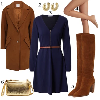 Outfit s Modrá/Tmavě modrá Šaty na Podzim/Svetrové Šaty/Zimní Pletené Šaty/Zimní šaty s dlouhým rukávem/Šaty s Páskem About You "Obchodní Outfit"