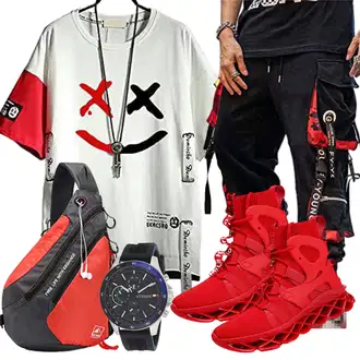 Outfit mit Schwarz/Rosa/Dunkelblau/Rot/Orange Stoffhose/Baggy Hose/Cargohose/Parachute Hose/Trachtenhose/Cargo-Jogginghose Hello MrLin "Halloween Outfit"