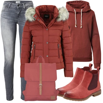 Italský Outfit s Červená/Tmavě červená/Hnědá Chelsea Boty/Gumová Kotníková Bota/Plochá Kotníková Bota/Kotníková Bota s Podšívkou/Kožená bunda Lascana "Podzimní Outfit pro každodenní nošení"Look: Cool, Italský, Moderní, Krásný, Venkovní, Chytrý příležitostný, Španělské, Unisex