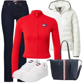 Outfit s Červená Dlouhý Zimní Kabát/Svetrové Šaty/Dlouhá tylová sukně/Dlouhé Kardigany/Dlouhý Svetr Tommy Jeans "Podzimní Outfit"