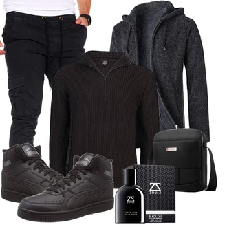 Outfit mit Schwarz/Dunkelblau/Dunkelgrau/Grau Longpullover/Winterpullover/2-in-1 Pullover/Kapuzenpullover/Wickel Pullover/Sweatjacke/Strick Hoodie Yukirtiq "Herbstlicher Look"