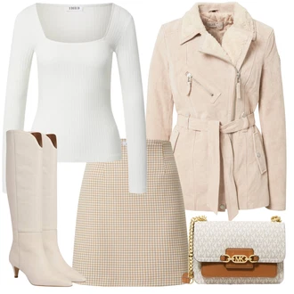 Outfit s Béžová/Bílá/Khaki Dlouhá Kozačka/Kozačka po Kolena/Kozačka nad Kolena/Vintage kozačka/Špičatá Kozačka About You "Podzimní Outfit"