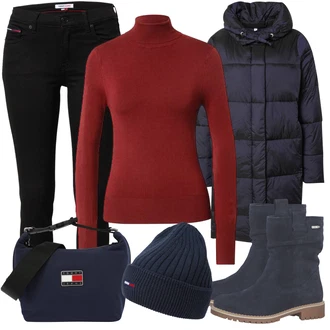 Outfit s Tmavě modrá/Modrá Zimní Kabát/Dlouhý Péřový Kabát/Parka/Přechodový Kabát/Péřový Kabát/Prošívaný kabát/Dlouhý Zimní Kabát SOCCX "Podzimní Vzhled"