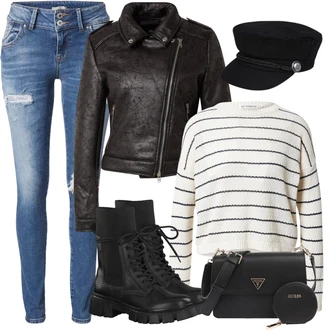 Outfit s Černá/Tmavě modrá/Šedá Kšiltovka Armádní Čepice About You "Podzimní Vzhled"