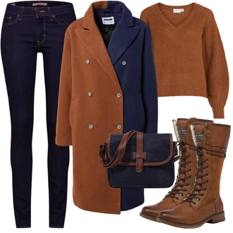 Outfit s Tmavě hnědá/Hnědá/Béžová/Oranžová Šněrovací Kozačka/Bota se širokým nohavici/Jezdecká Bota/Vintage kozačka/Motorkářská Bota/Bojová Bota/Motorkářská bota/Dlouhá Kozačka/Nepromokavá kozačka Mustang "Podzimní Vzhled"