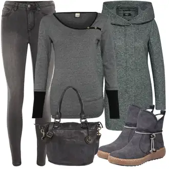 Outfit s Šedá/Tmavě šedá/Tmavě modrá/Tmavě zelená Zimní Kabát Vlněný kabát/Vlněný Fleecový Kabát/Lodenový kabát/Kabát s Kapucí/Pletený Fleecový Kabát Only "Podzimní Vzhled"