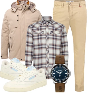 Outfit mit Beige/Weiß/Hellblau/Creme Vintage Sneaker/Skateschuh/Sneaker Low/Schmaler Sneaker/Sommer Sneaker/Leder Sneaker Reebok "Herbstlicher Look"