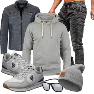 Stil Motorrad Outfit mit Grau/Dunkelblau/Blau/Dunkelgrau Kunstfaserjacke/Reitjacke/Jacke mit Seitlichem Reißverschluss/Vintage Lederjacke/KunstLederjacke/Motorradjacke/Bikerjacke PAULGOS "Herbstliches Freizeit Outfit"Look: Rockige, 80er, Coole, Stil, Techno, Metal, Outdoor, Moderne, Metallic, Old Money, Arbeits, Reiten, Motorrad