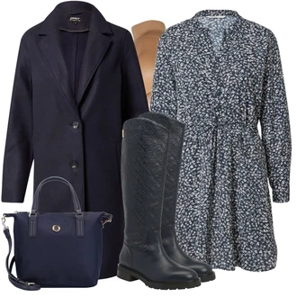 Outfit s Tmavě modrá/Černá/Modrá Kozačka po Kolena/Dlouhá Kozačka/Jezdecká Bota/Bota se širokým nohavici Tommy Hilfiger "Podzimní Ležérní Outfit"