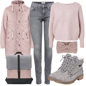 Outfit s Růžová/Fialová/Hnědá/Béžová Klapka na ucho & čelenka Ohřívač Uší About You "Podzimní Ležérní Outfit"