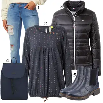 Outfit s Tmavě Modrá/Světle Modrá/Modrá Kozačka Chelsea Boty/Kožená kotníková bota Rieker "Podzimní Outfit"